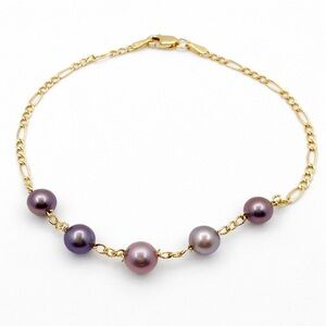 Solid 10k Gold Figaro and Lavender Pearl Bracelet